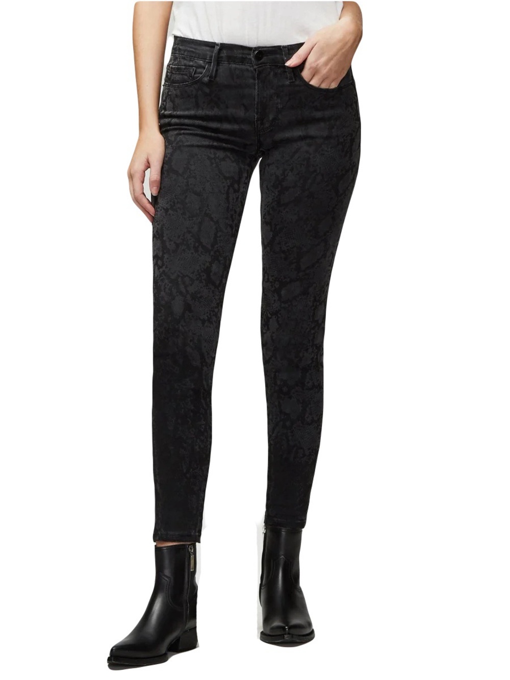 FRAME DENIM “LE SKINNY DE JEANNE” High-Waisted Jeans In “TONAL PYTHON”, Size 33